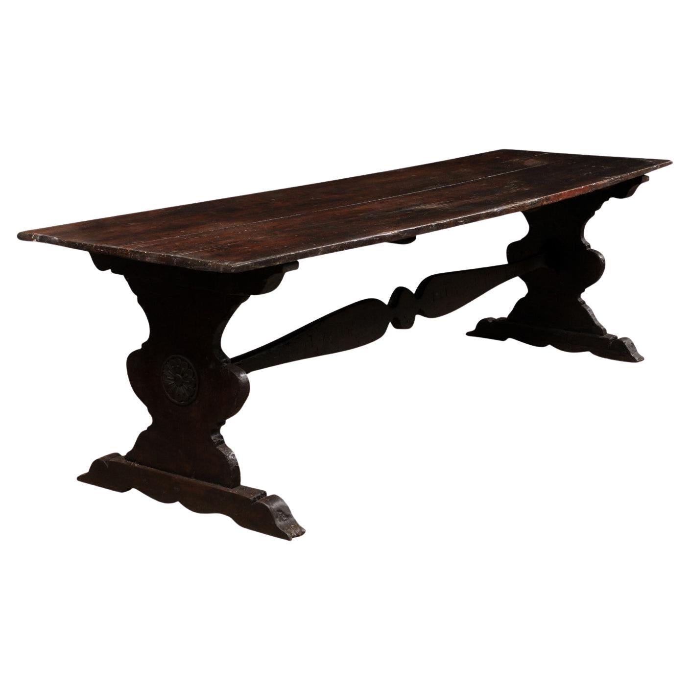 18th Century 'Possibly Older' Italian Dining Table on Carved Trestle Legs For Sale
