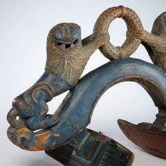 19th c. Qing Dynasty Carved Blue Polychrome Wood Pack Saddle Element with Lions