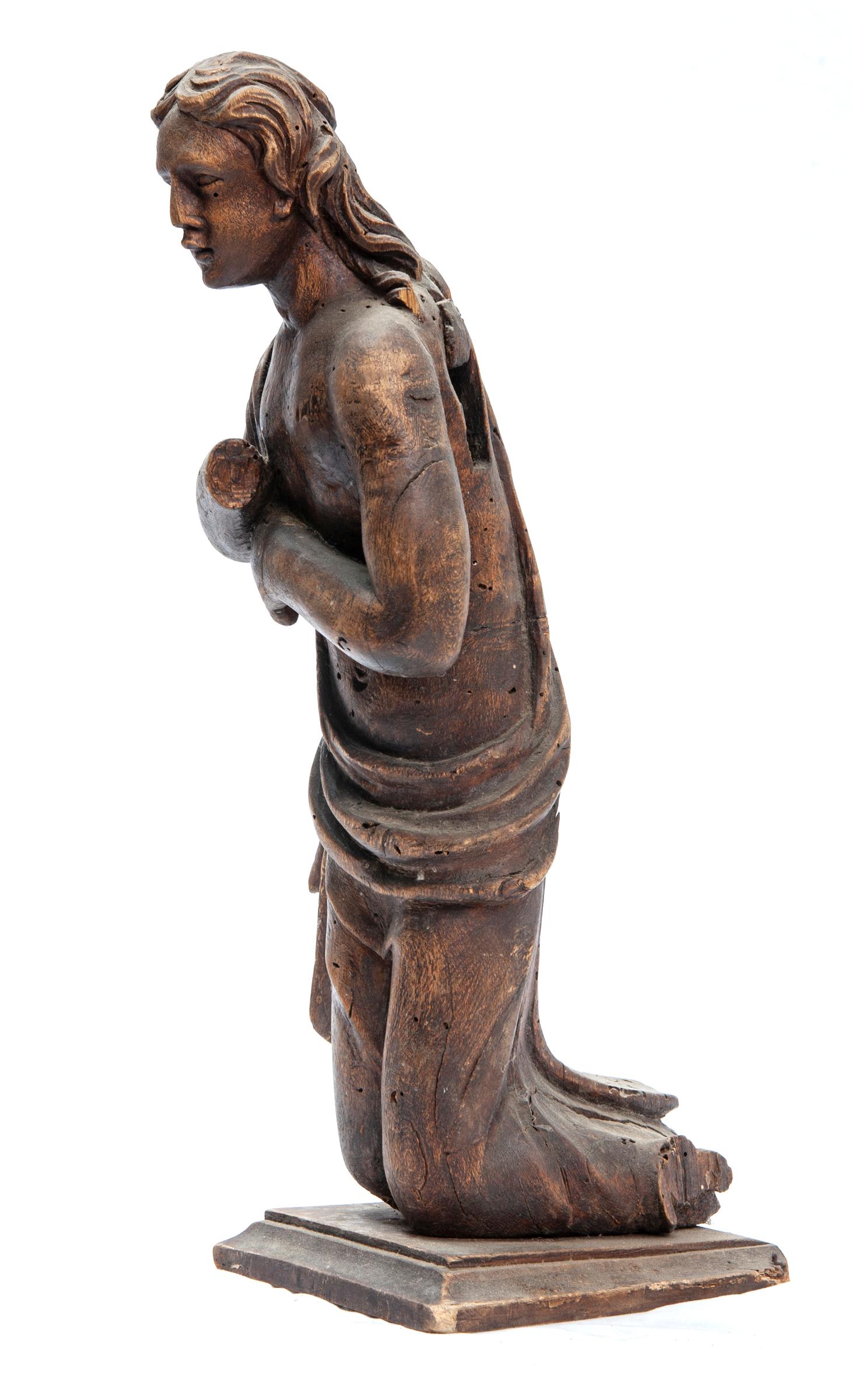 18th century wooden carving of an female form.
Presumed to be a French church piece.
This figure has a beautiful face. 