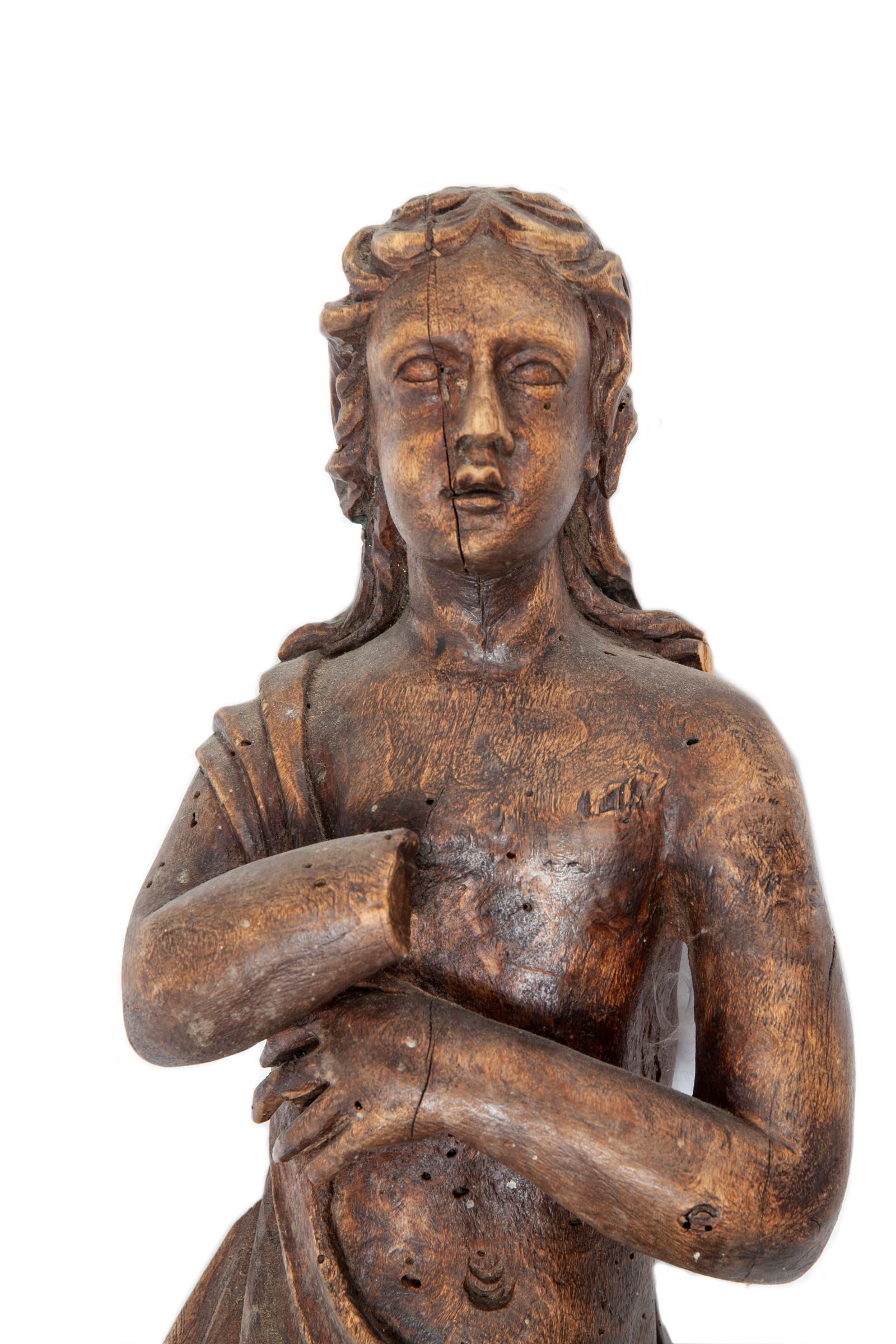 18th C Rare Wood Female Carving Artifact For Sale 1