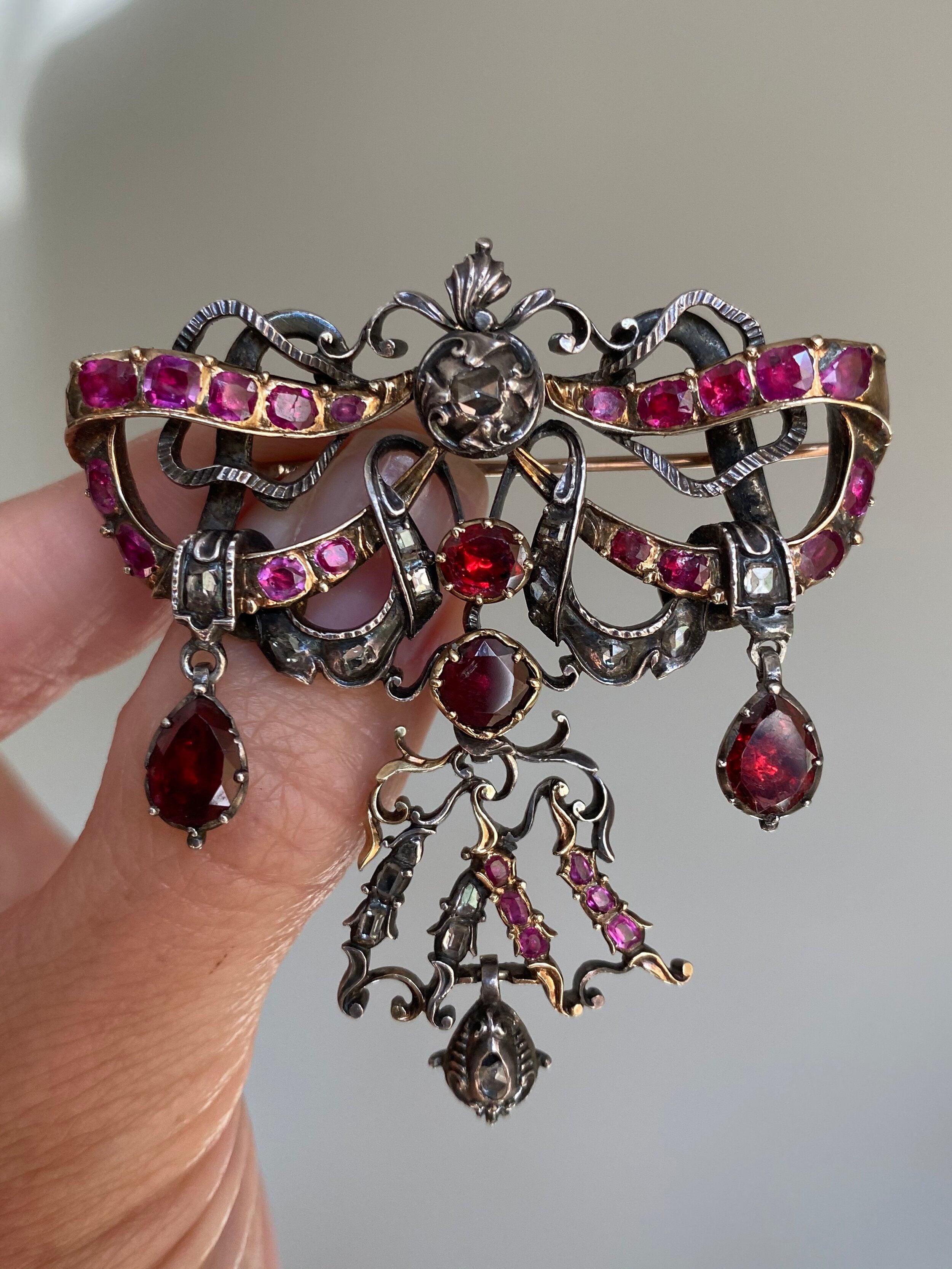 Rococo 18th C Ruby and Diamond Bow Brooch For Sale
