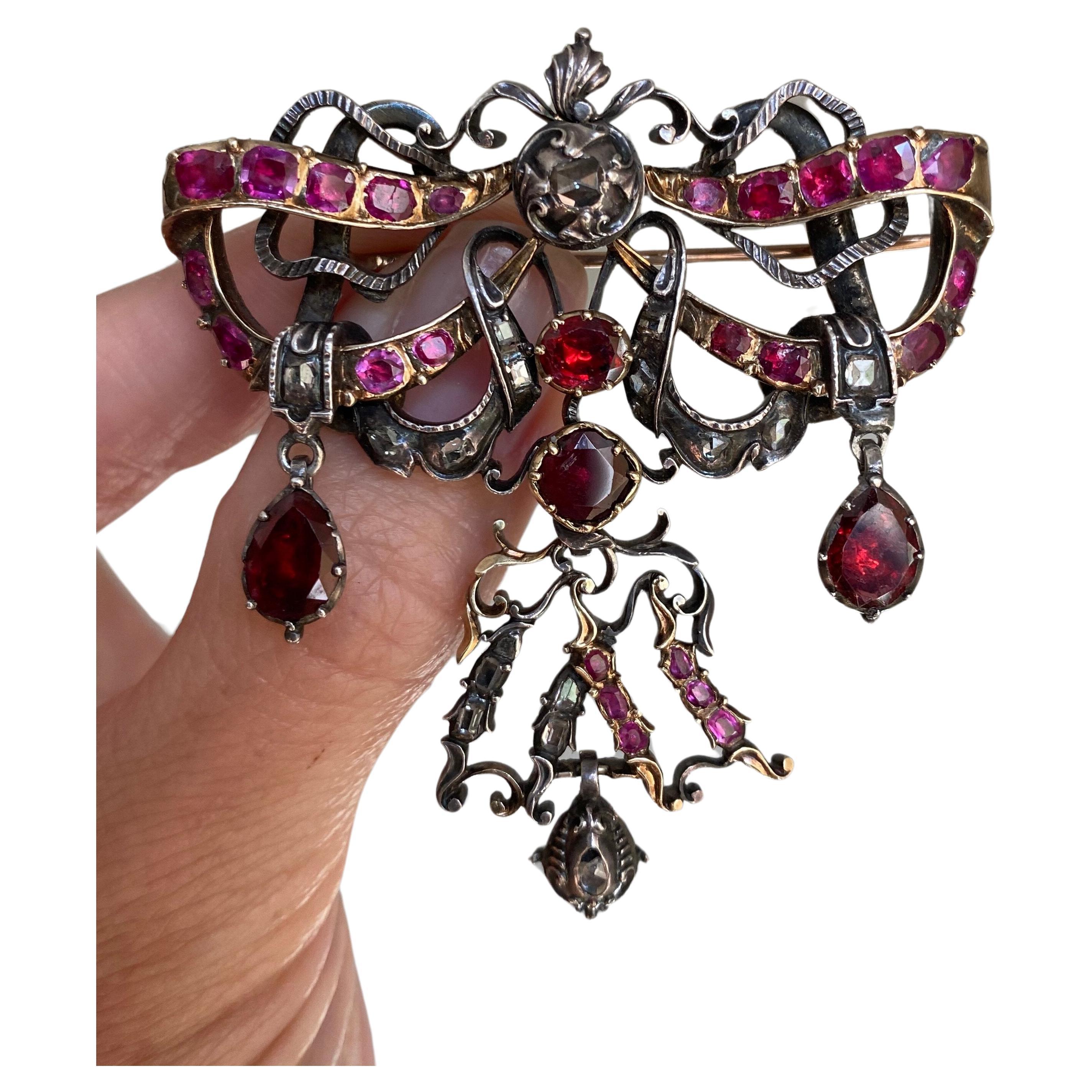 18th C Ruby and Diamond Bow Brooch For Sale