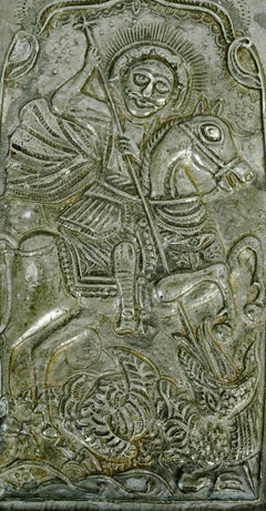 18th C Russian Pewter Powder Flask Embossed with St George Slaying a Dragon