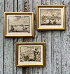 Set di 3 incisioni di scene portuali del XVIII secolo in cornici dorate