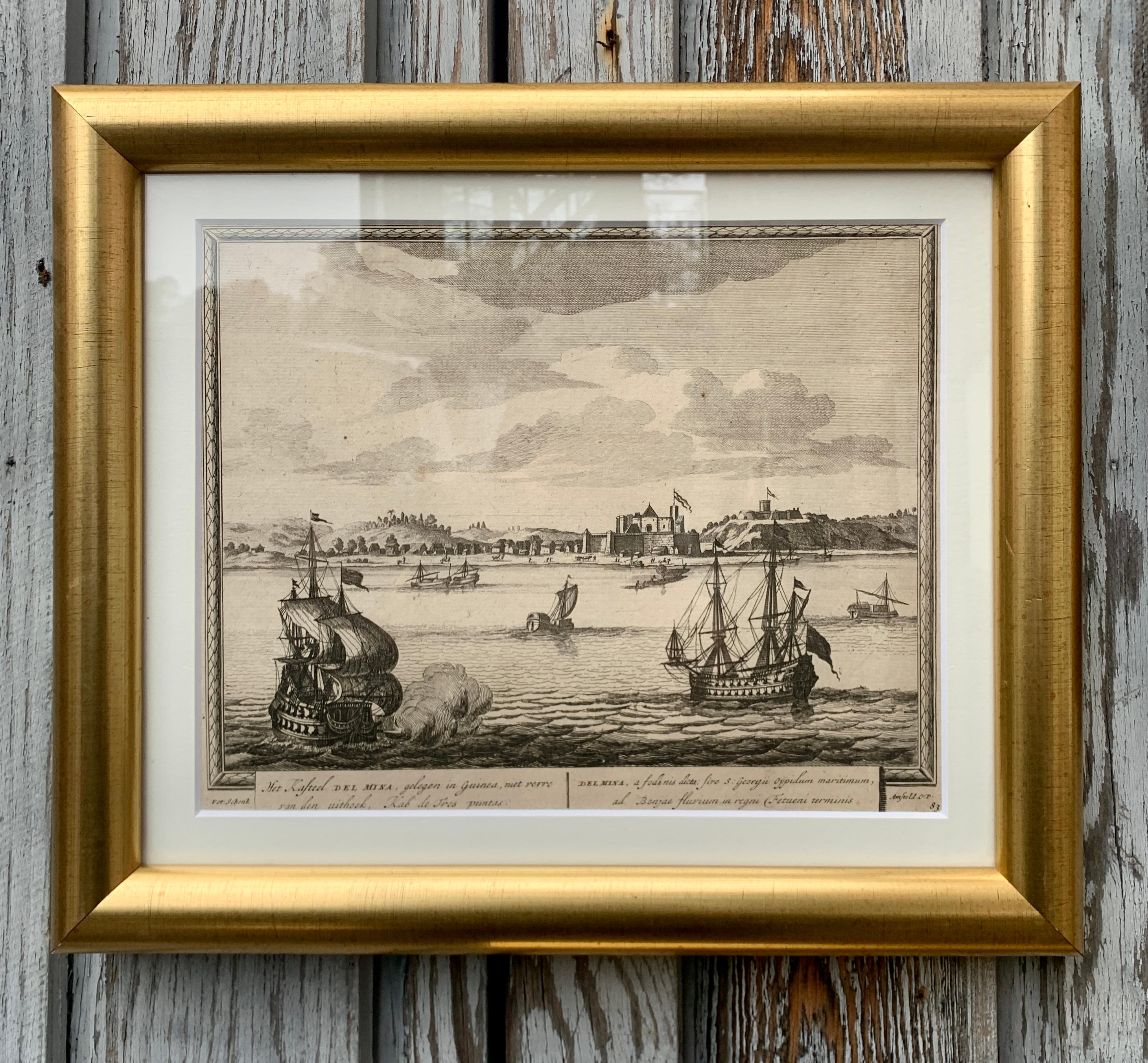 S. XVIII Conjunto de 3 grabados de escenas portuarias en marcos dorados siglo XVIII y antes en venta