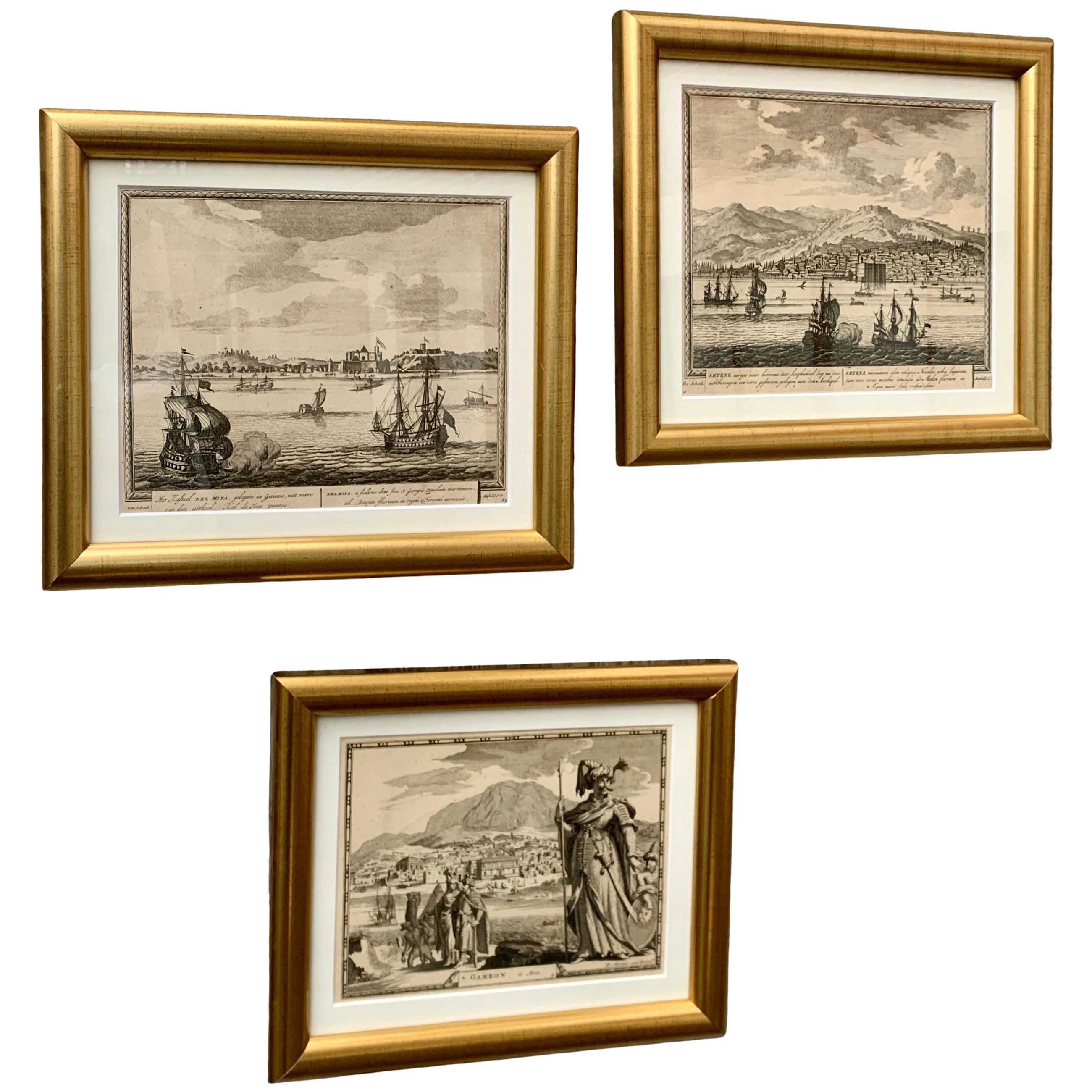 18th C. Set of 3 Etchings of Harbor Scenes in Gilt Frames