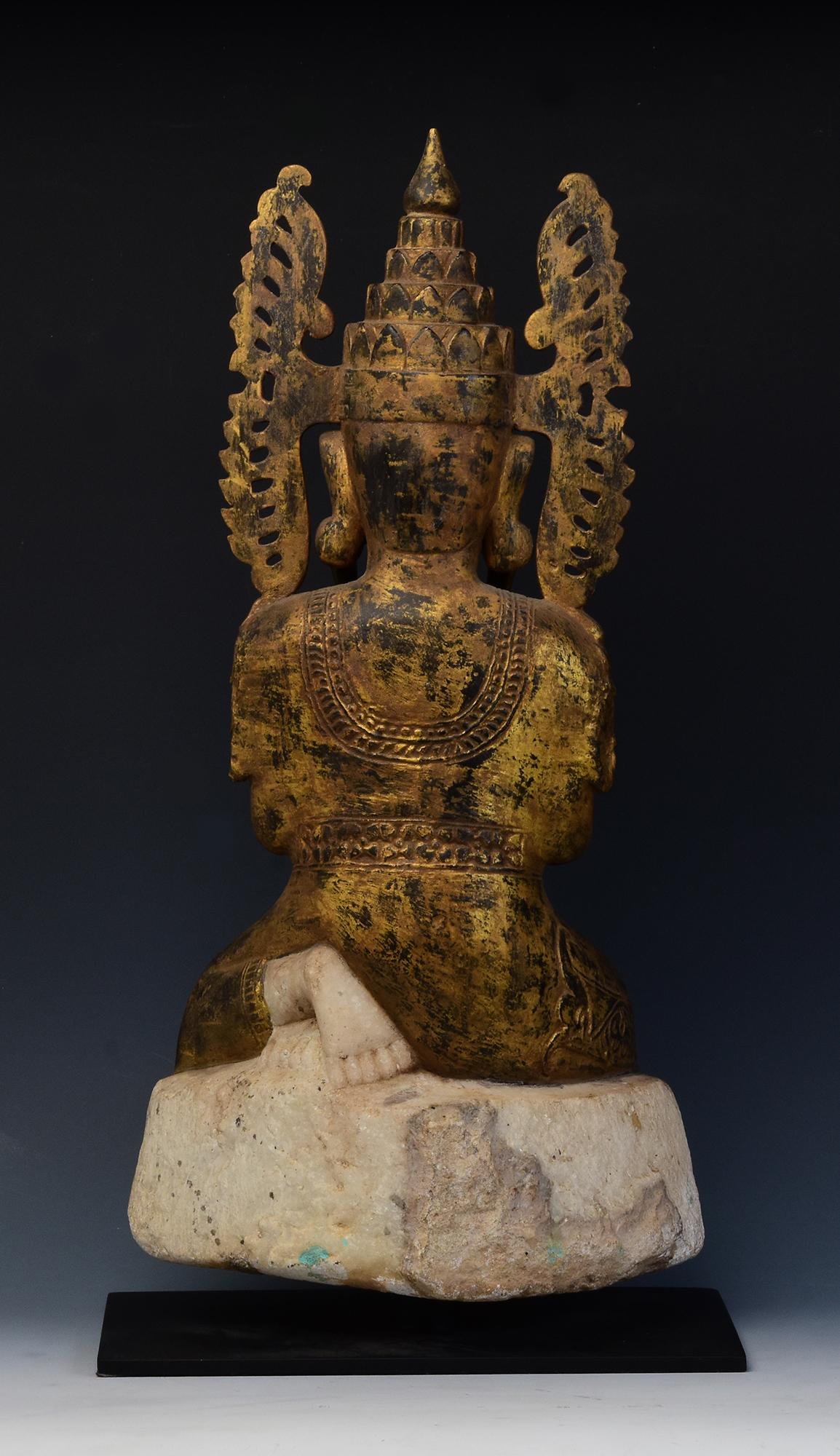 18th C., Shan, Antique Burmese Alabaster Marble Seated Crowned King Buddha For Sale 6