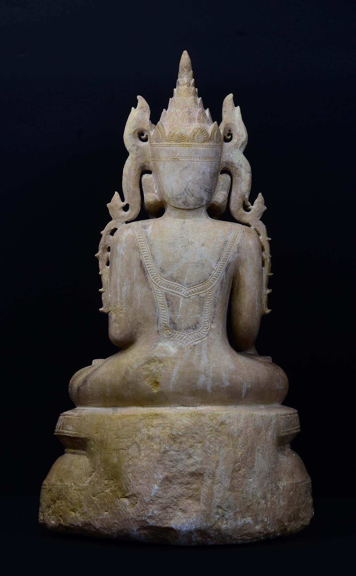 18th C., Shan, Antique Burmese Alabaster Marble Seated Crowned King Buddha For Sale 7