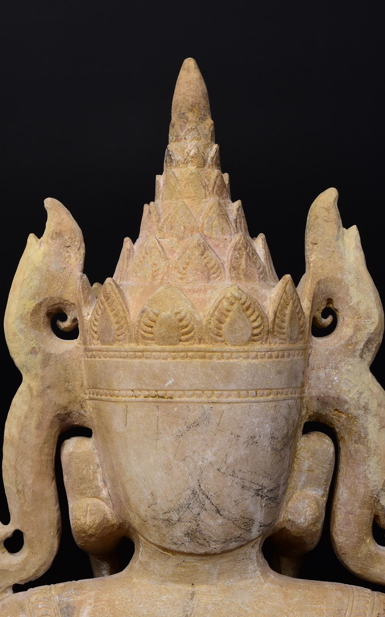 18th C., Shan, Antique Burmese Alabaster Marble Seated Crowned King Buddha For Sale 8