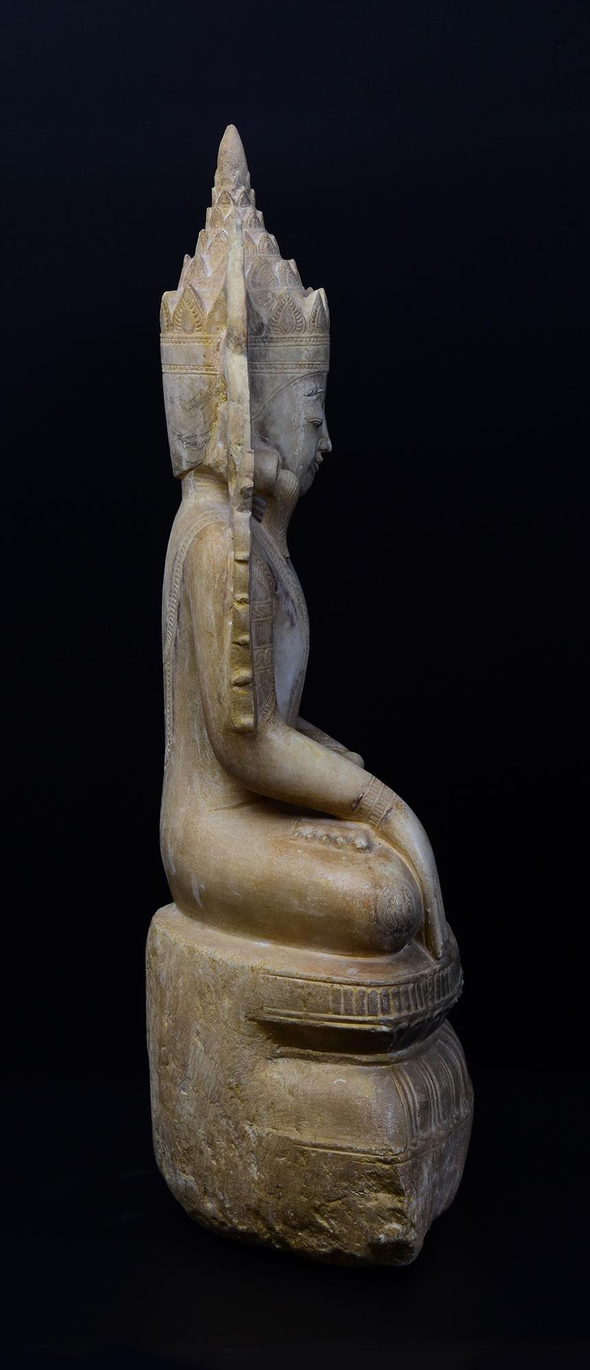 18th C., Shan, Antique Burmese Alabaster Marble Seated Crowned King Buddha For Sale 11