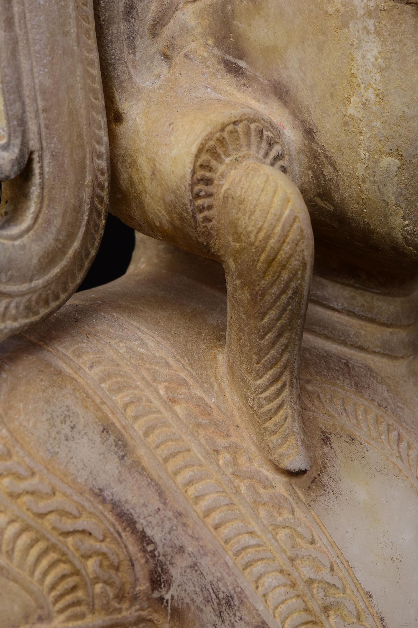18th C., Shan, Antique Burmese Alabaster Marble Seated Crowned King Buddha For Sale 13