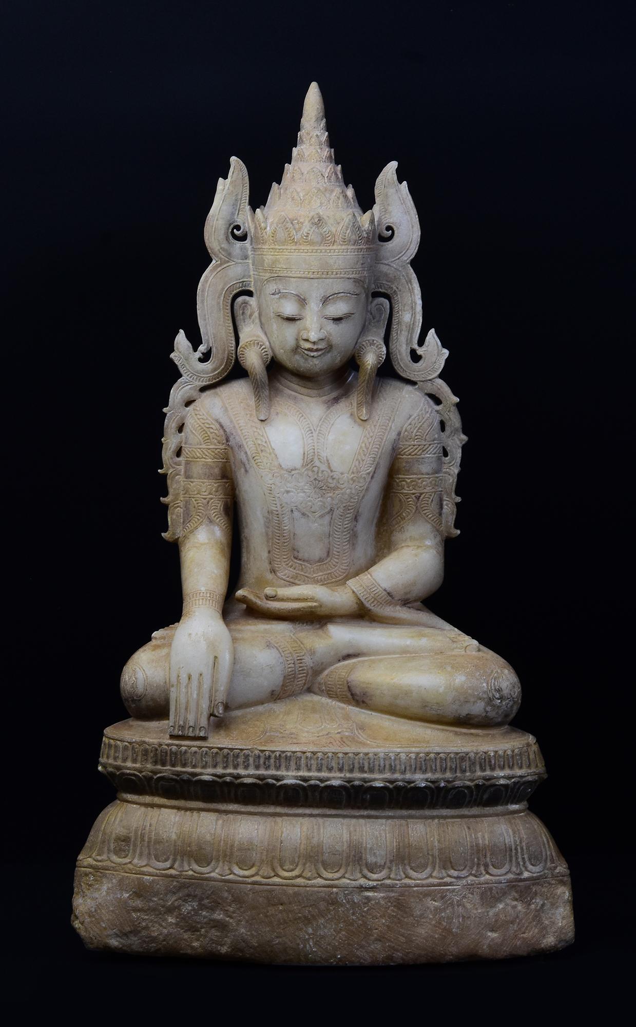 18th C., Shan, Antique Burmese Alabaster Marble Seated Crowned King Buddha For Sale 15