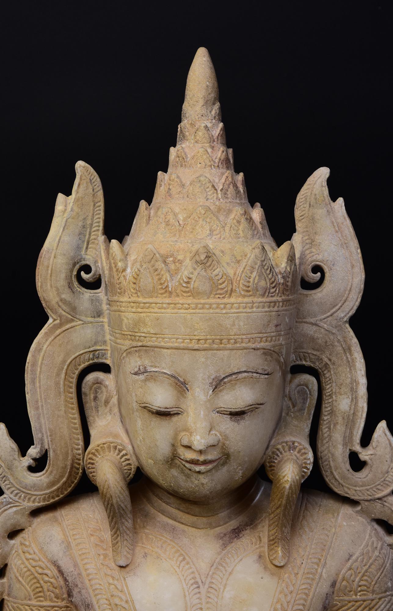 Hand-Carved 18th C., Shan, Antique Burmese Alabaster Marble Seated Crowned King Buddha For Sale