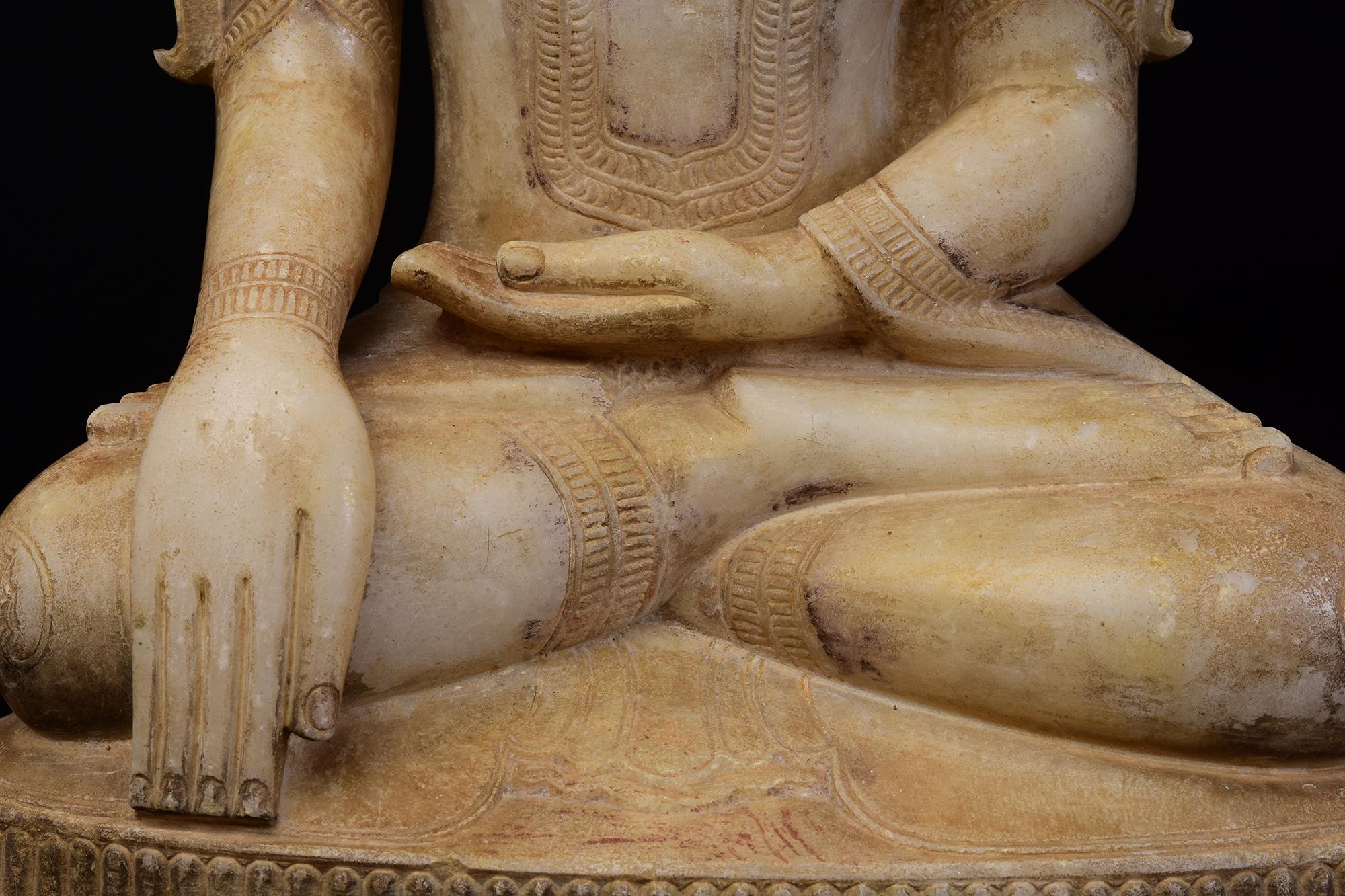 18th Century and Earlier 18th C., Shan, Antique Burmese Alabaster Marble Seated Crowned King Buddha For Sale
