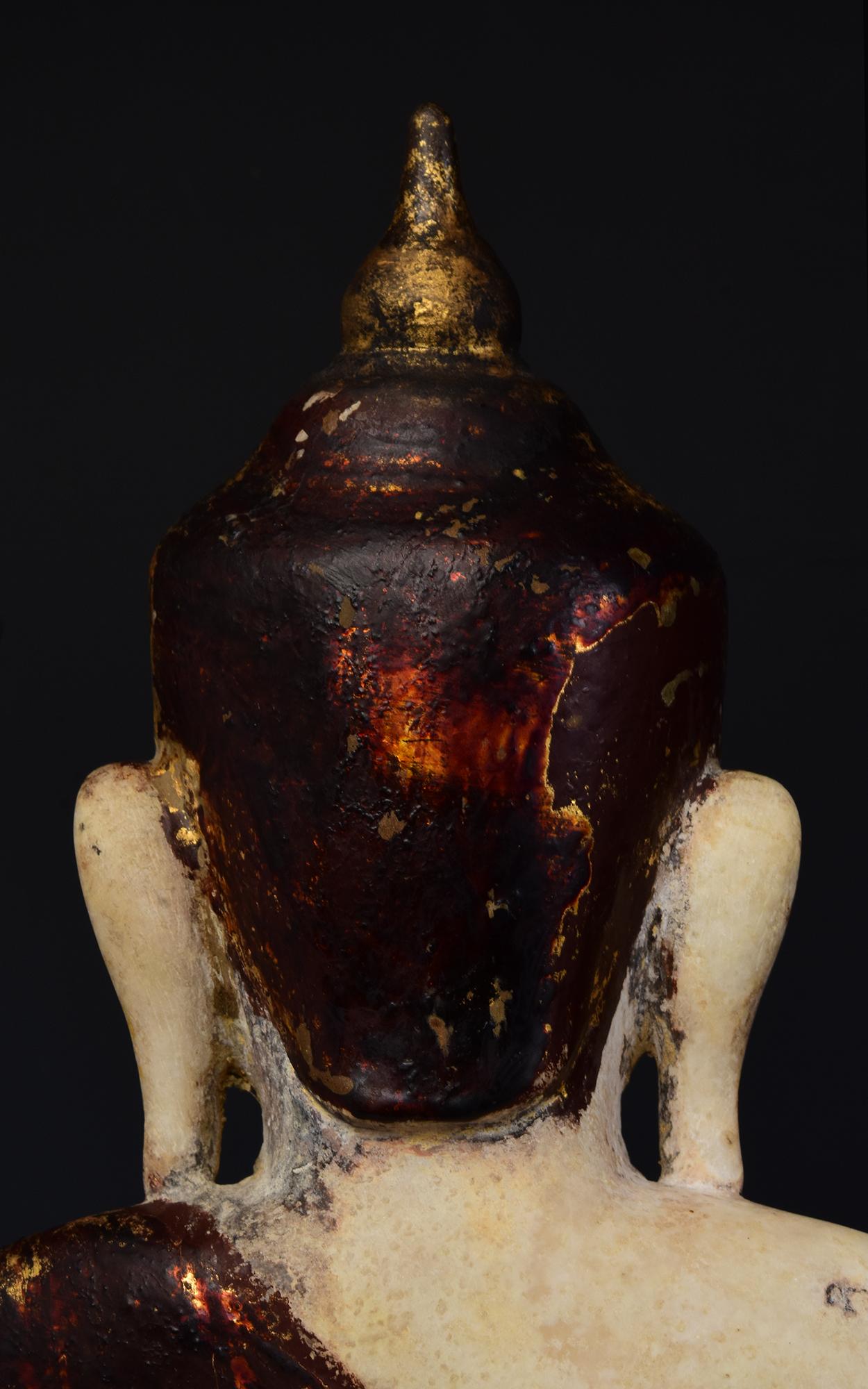18th C., Shan, Antique Burmese Alabaster Seated Buddha on Double Lotus Base For Sale 5