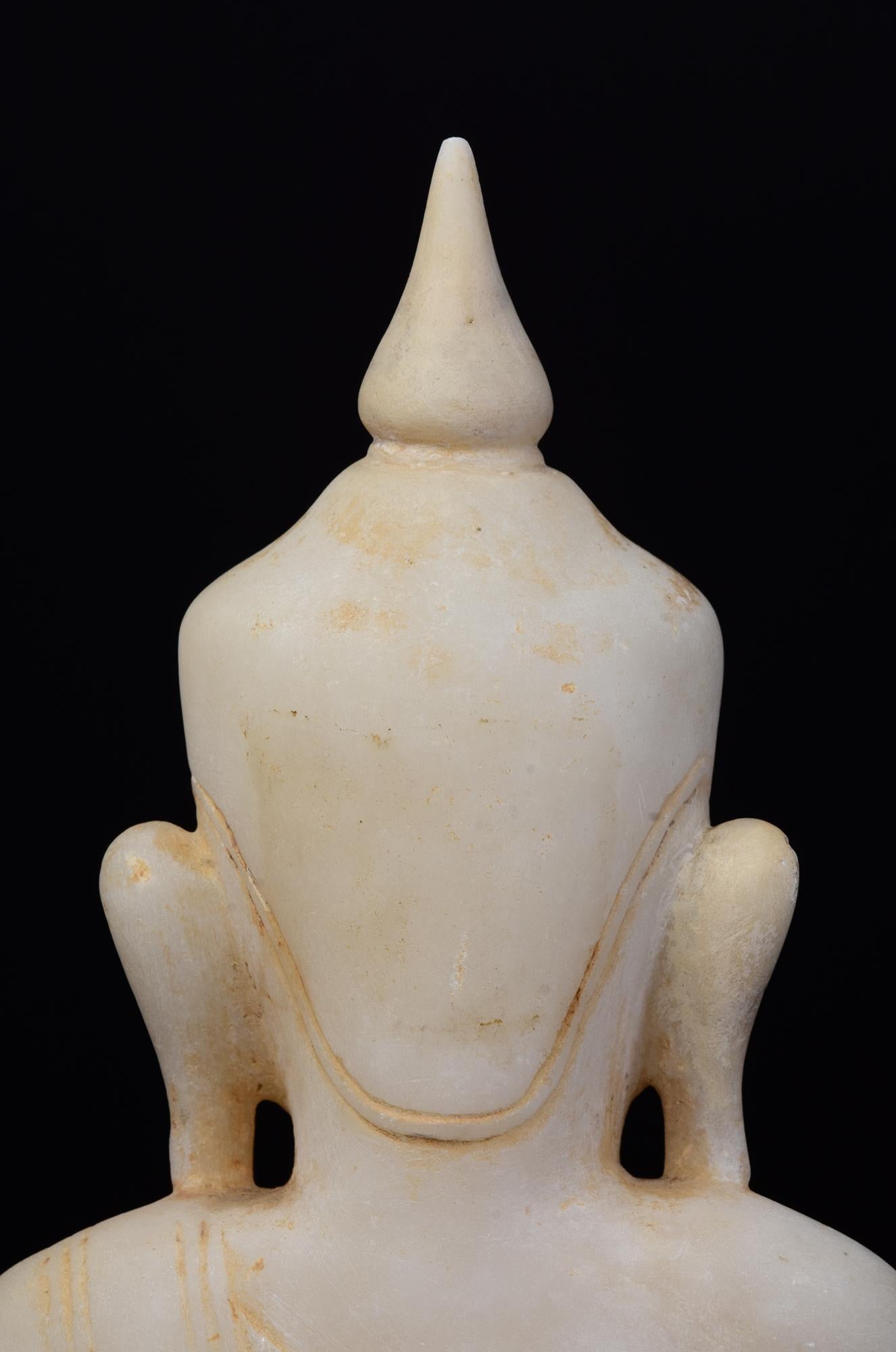 18th C., Shan, Antique Burmese Alabaster Seated Buddha on Double Lotus Base For Sale 6
