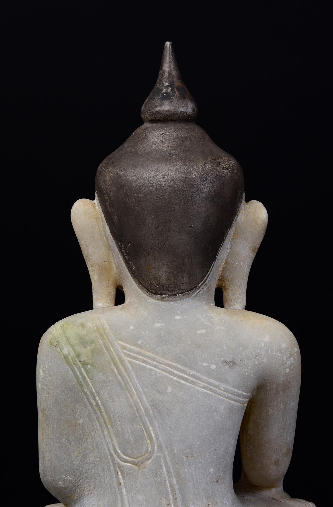 18th C., Shan, Antique Burmese Alabaster Seated Buddha on Double Lotus Base For Sale 6