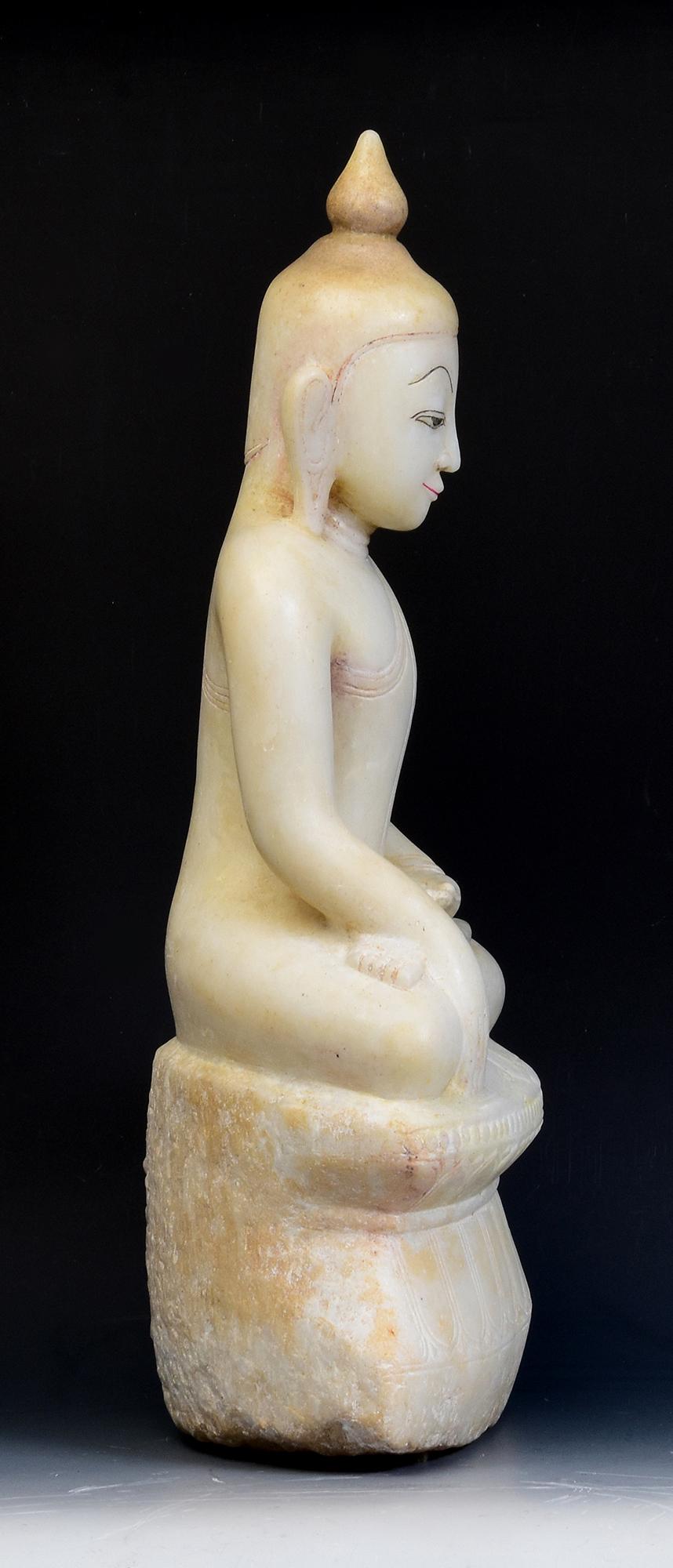 18th C., Shan, Antique Burmese Alabaster Seated Buddha on Double Lotus Base For Sale 7
