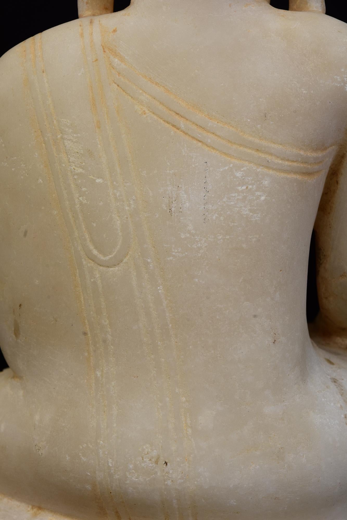 18th C., Shan, Antique Burmese Alabaster Seated Buddha on Double Lotus Base For Sale 7