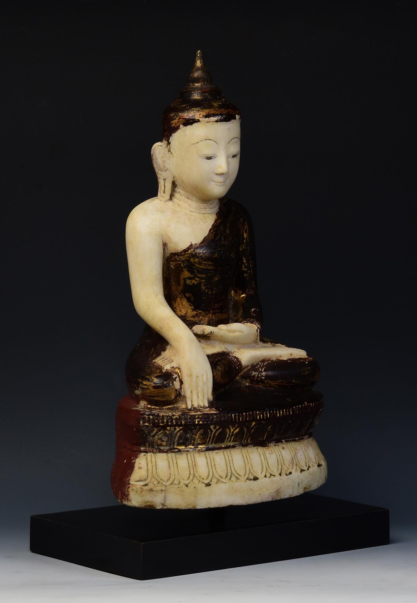 18th C., Shan, Antique Burmese Alabaster Seated Buddha on Double Lotus Base For Sale 8