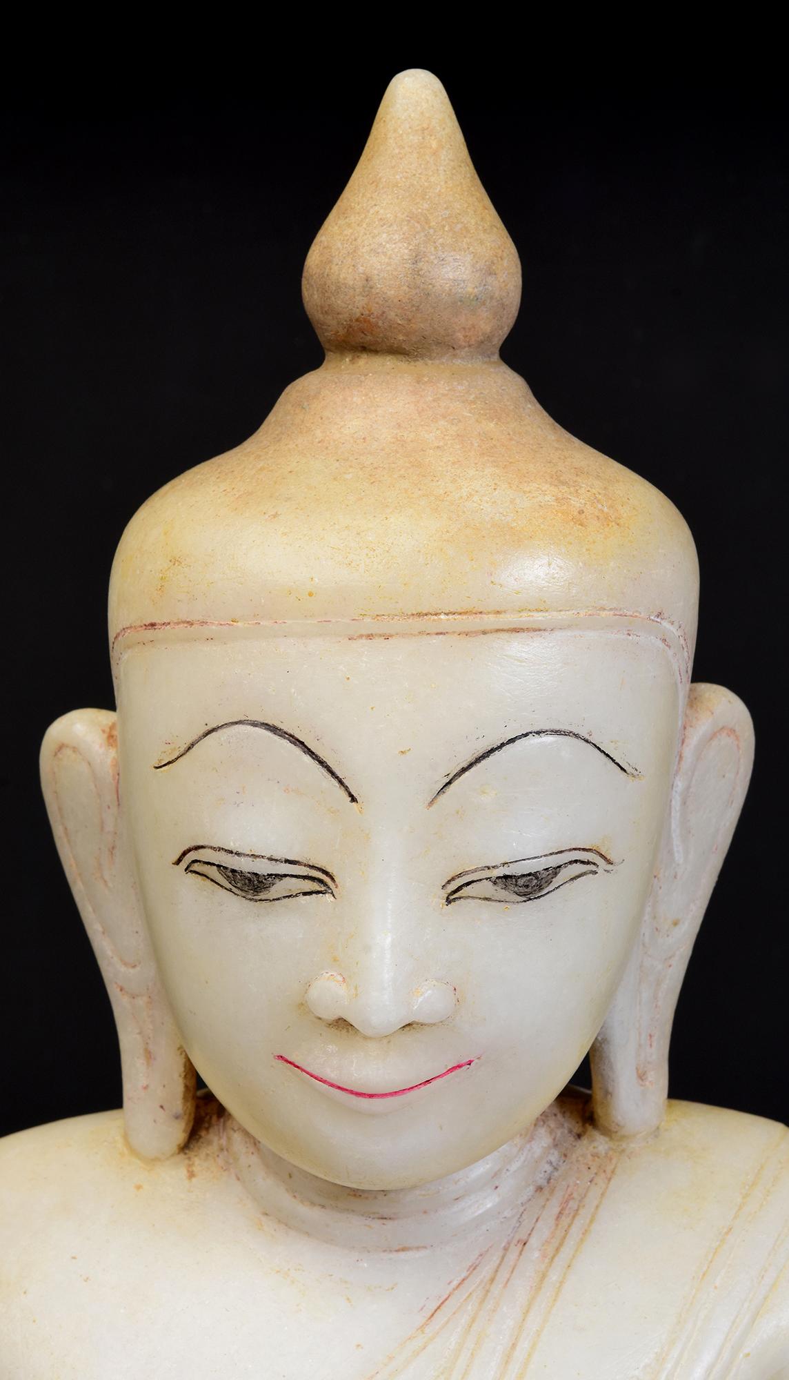 Hand-Carved 18th C., Shan, Antique Burmese Alabaster Seated Buddha on Double Lotus Base For Sale