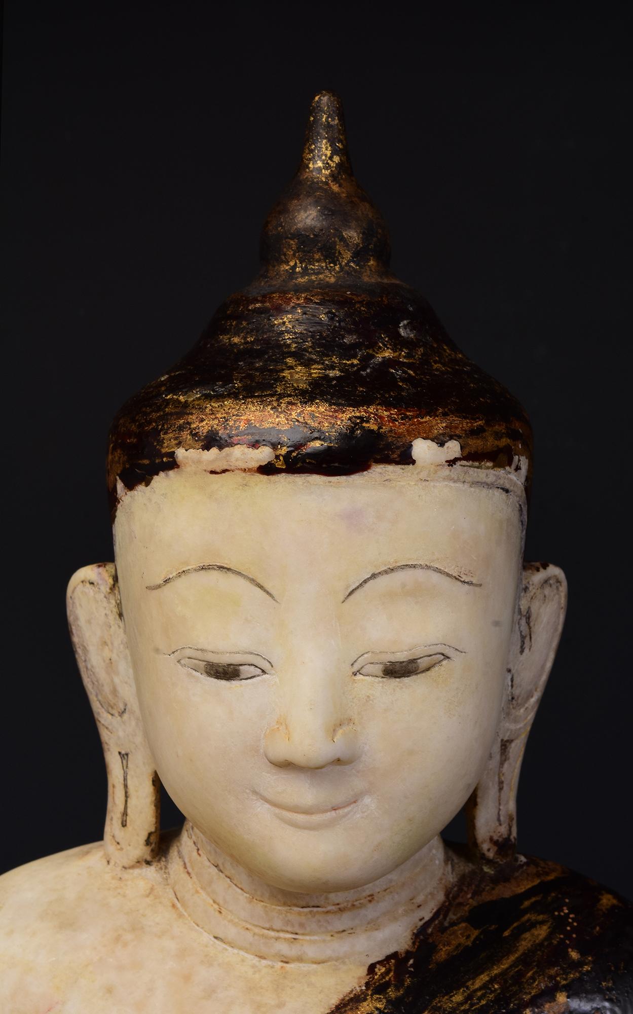 Hand-Carved 18th C., Shan, Antique Burmese Alabaster Seated Buddha on Double Lotus Base For Sale