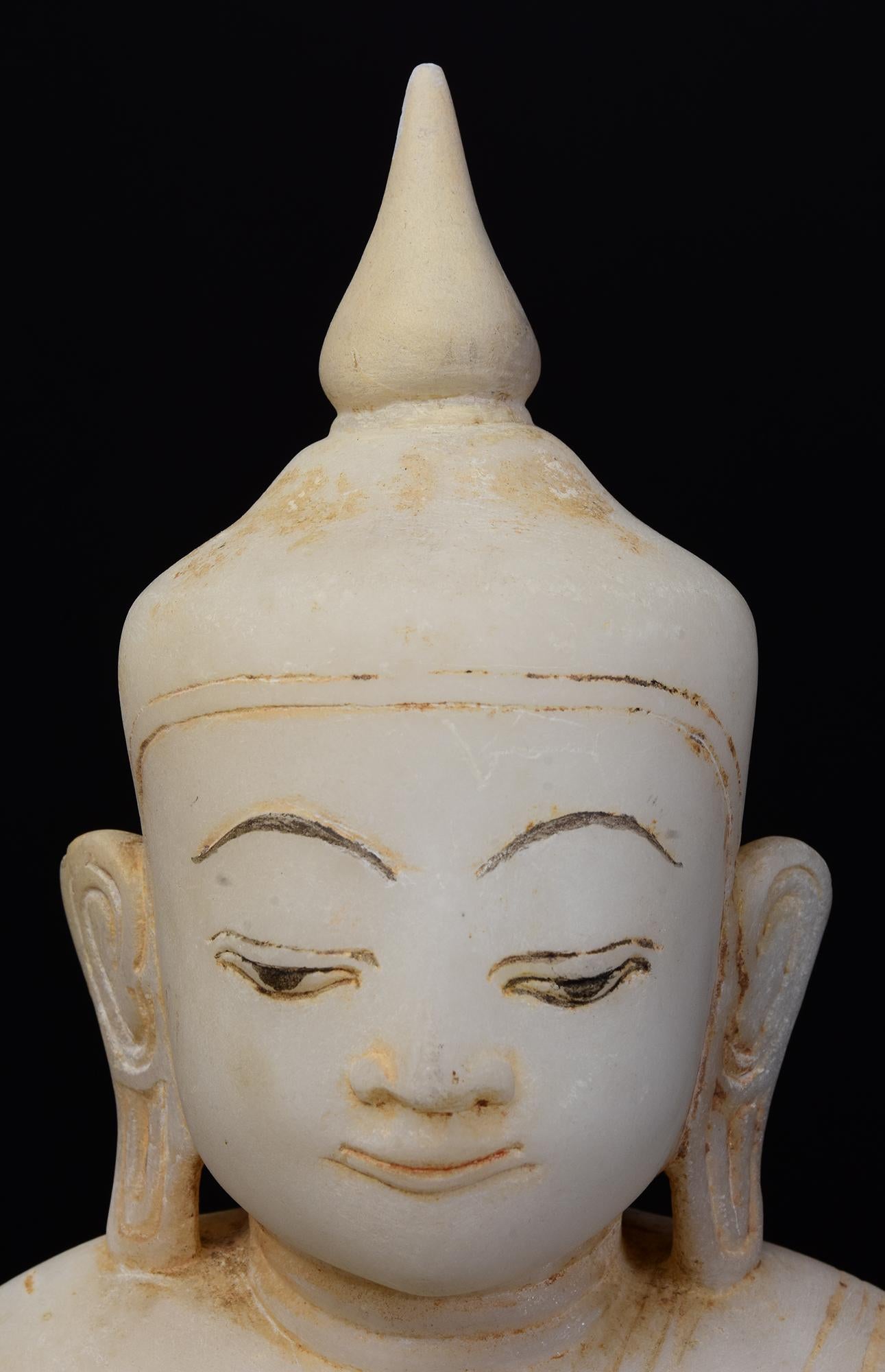 Hand-Carved 18th C., Shan, Antique Burmese Alabaster Seated Buddha on Double Lotus Base For Sale