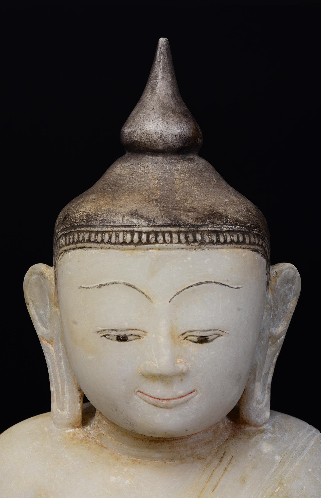 Hand-Carved 18th C., Shan, Antique Burmese Alabaster Seated Buddha on Double Lotus Base For Sale