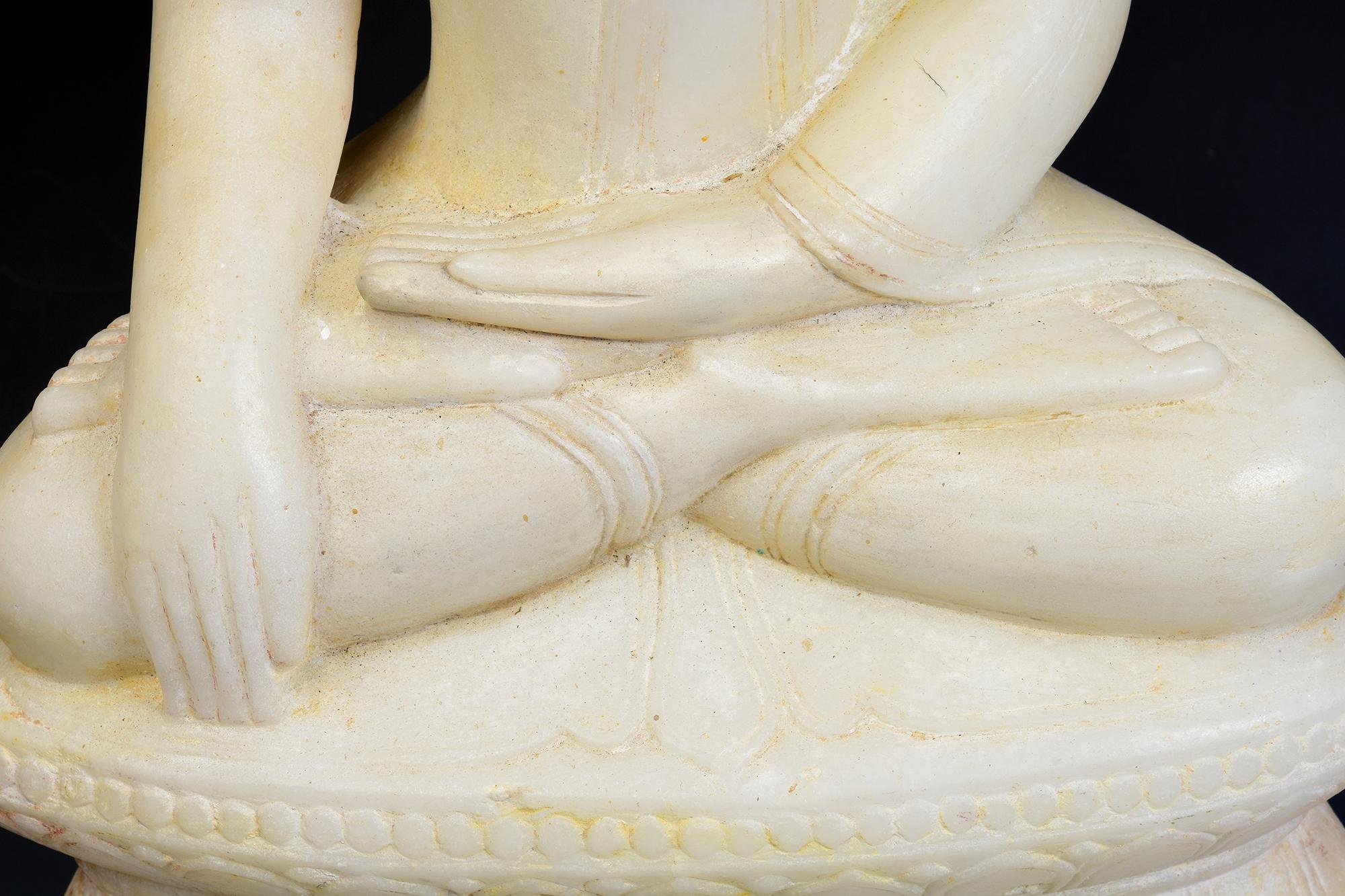 18th Century and Earlier 18th C., Shan, Antique Burmese Alabaster Seated Buddha on Double Lotus Base For Sale