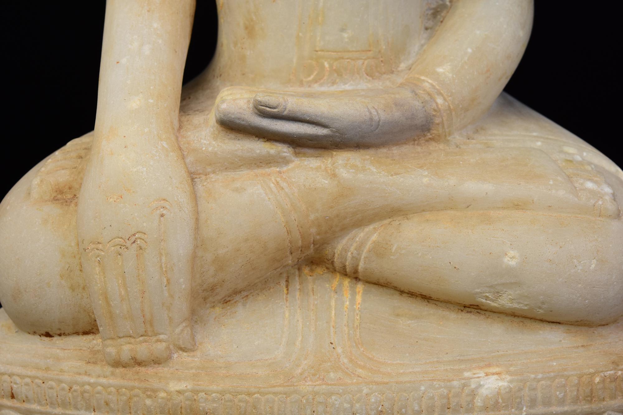 18th Century and Earlier 18th C., Shan, Antique Burmese Alabaster Seated Buddha on Double Lotus Base For Sale