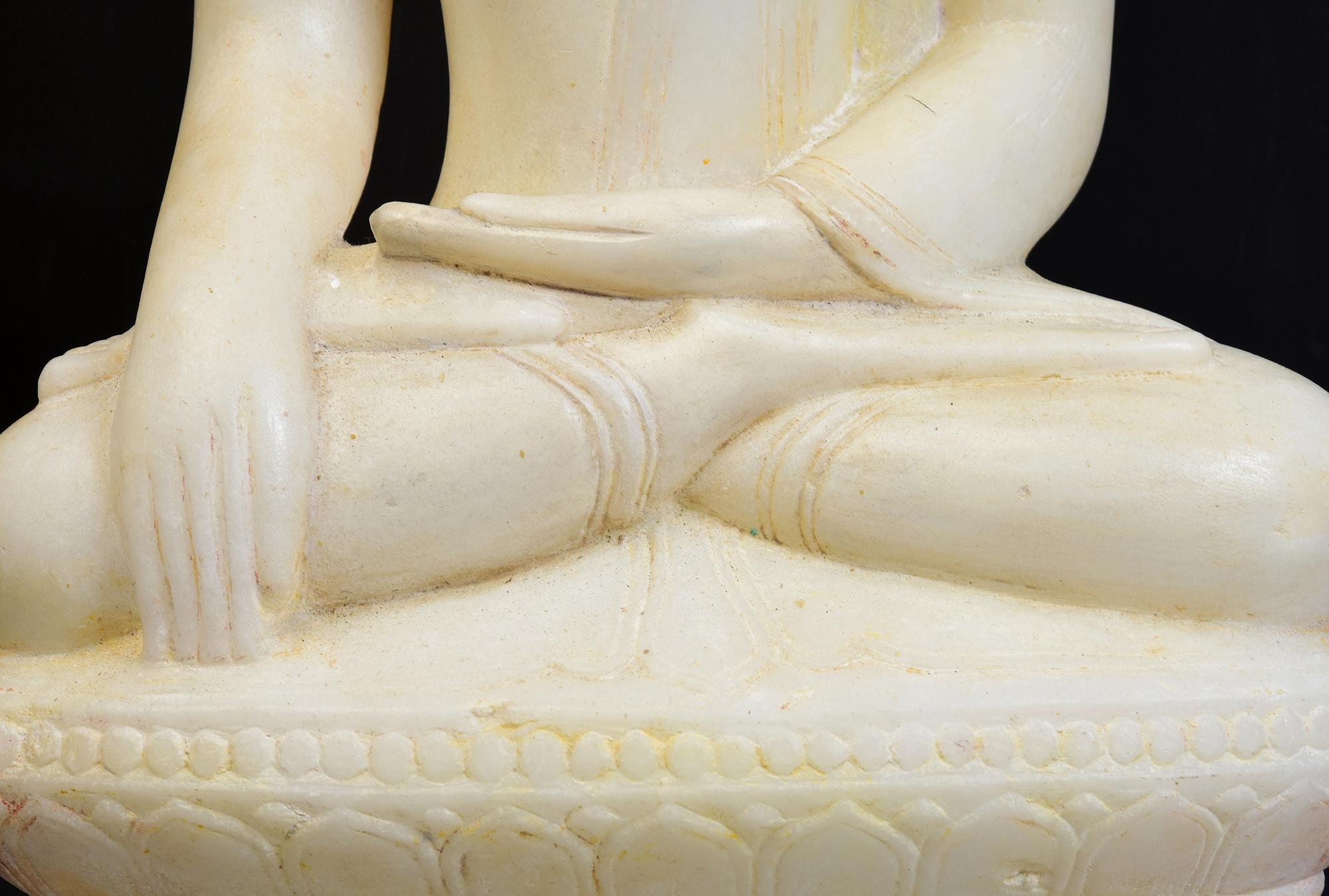 18th C., Shan, Antique Burmese Alabaster Seated Buddha on Double Lotus Base For Sale 1