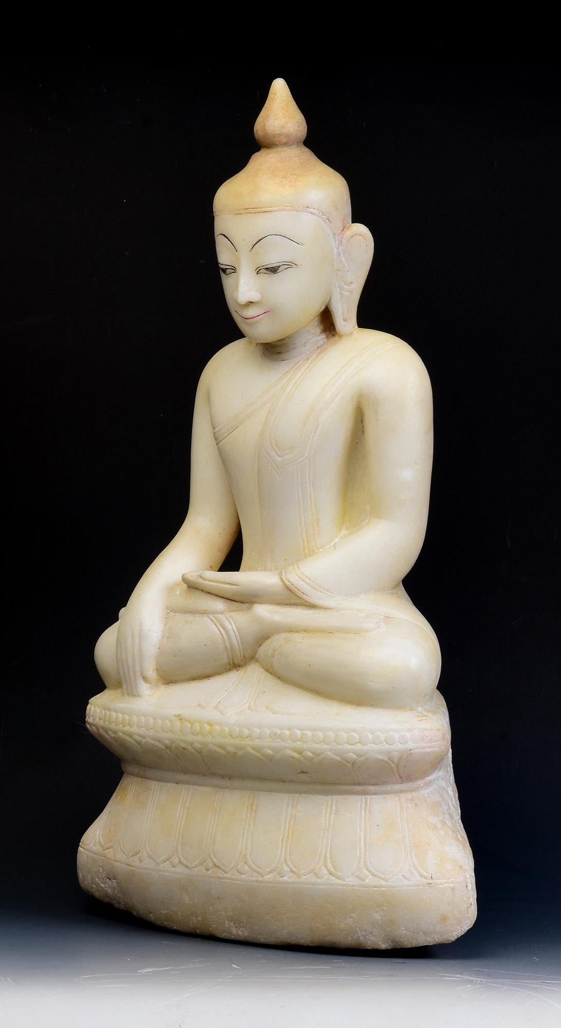 18th C., Shan, Antique Burmese Alabaster Seated Buddha on Double Lotus Base For Sale 3