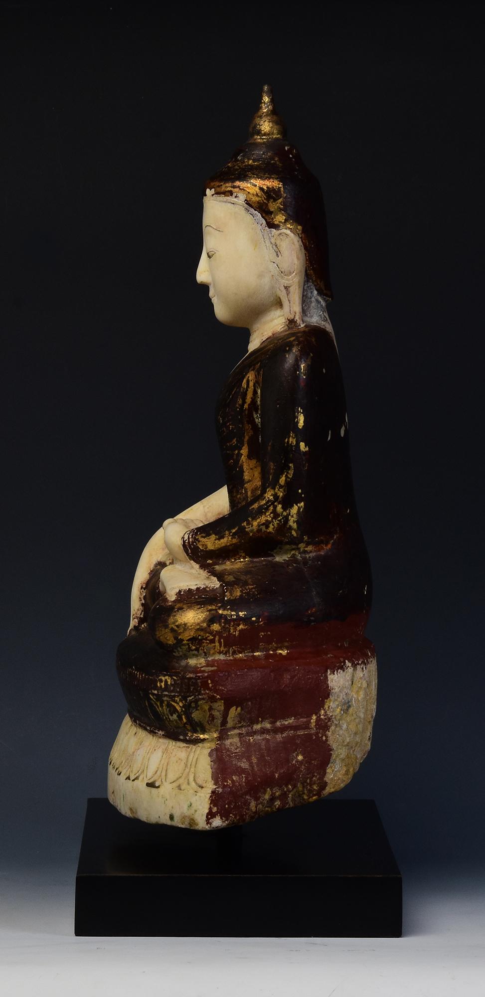 18th C., Shan, Antique Burmese Alabaster Seated Buddha on Double Lotus Base For Sale 3