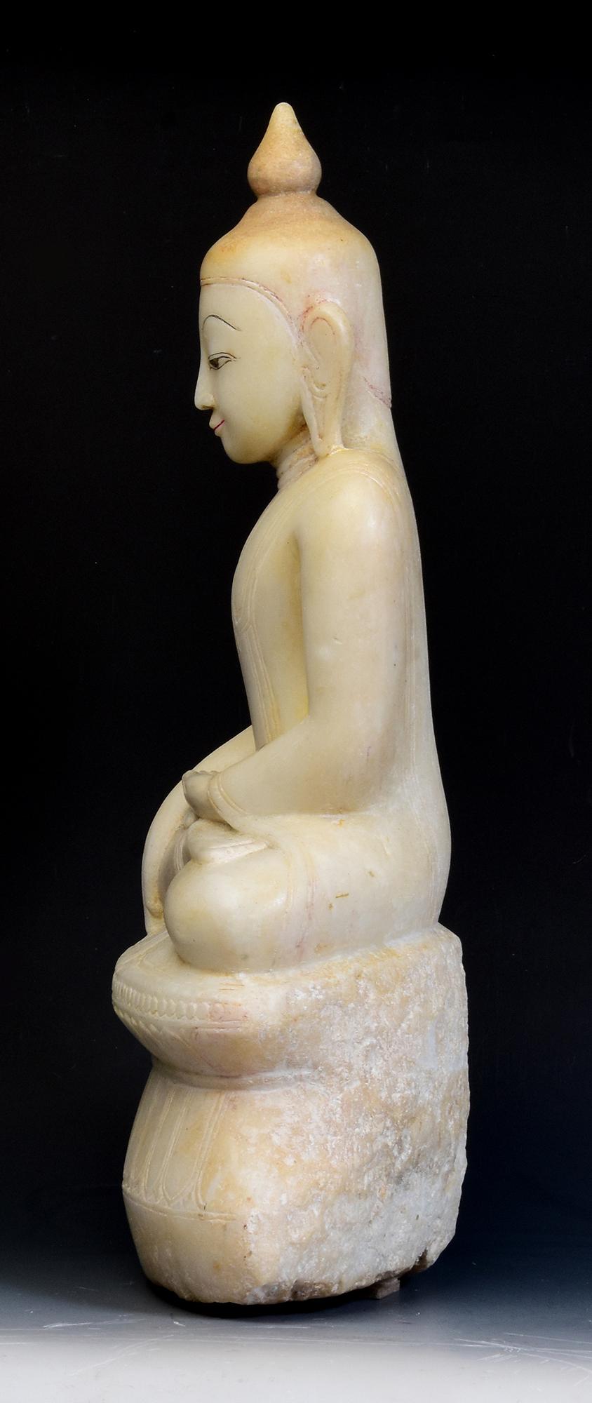 18th C., Shan, Antique Burmese Alabaster Seated Buddha on Double Lotus Base For Sale 4