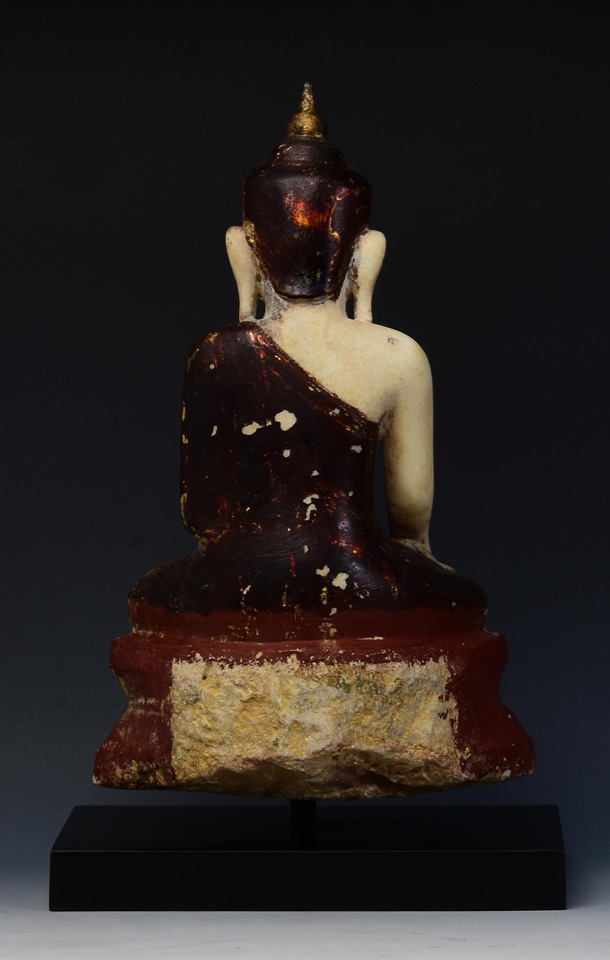 18th C., Shan, Antique Burmese Alabaster Seated Buddha on Double Lotus Base For Sale 4
