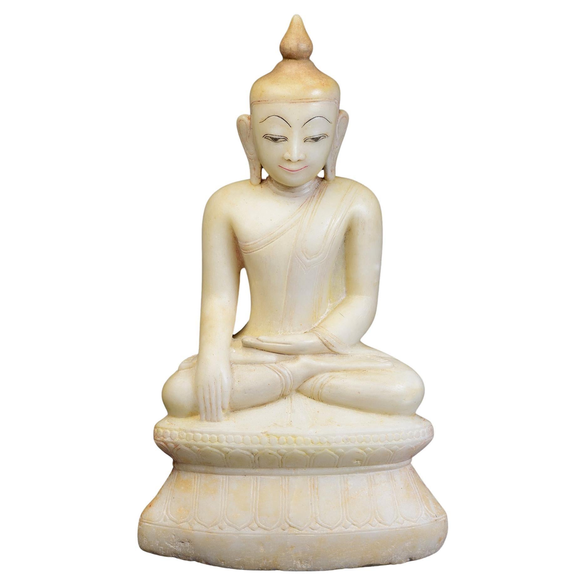18th C., Shan, Antique Burmese Alabaster Seated Buddha on Double Lotus Base For Sale