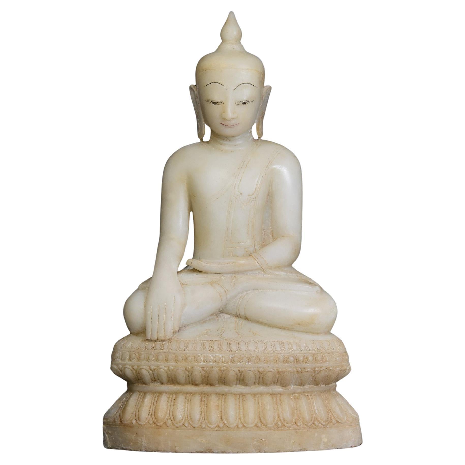 18th C., Shan, Antique Burmese Alabaster Seated Buddha on Double Lotus Base