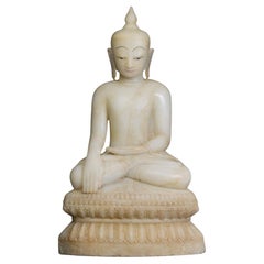 18th C., Shan, Antique Burmese Alabaster Seated Buddha on Double Lotus Base