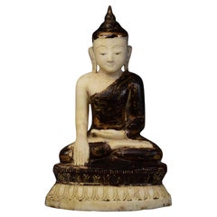 18th C., Shan, Antique Burmese Alabaster Seated Buddha on Double Lotus Base