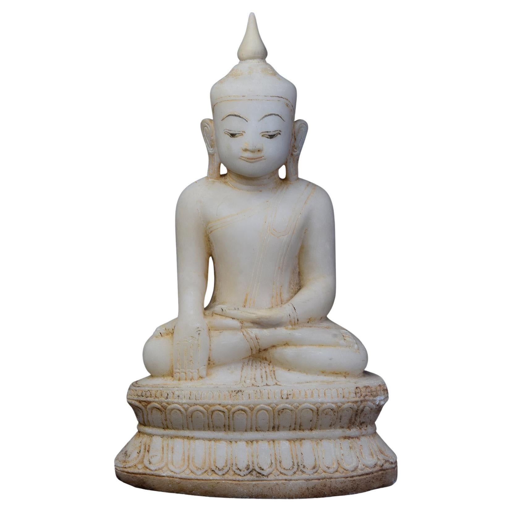 18th C., Shan, Antique Burmese Alabaster Seated Buddha on Double Lotus Base For Sale