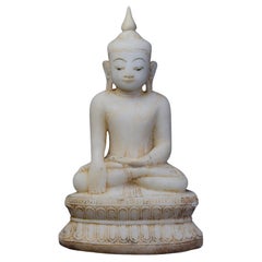 18th C., Shan, Antique Burmese Alabaster Seated Buddha on Double Lotus Base