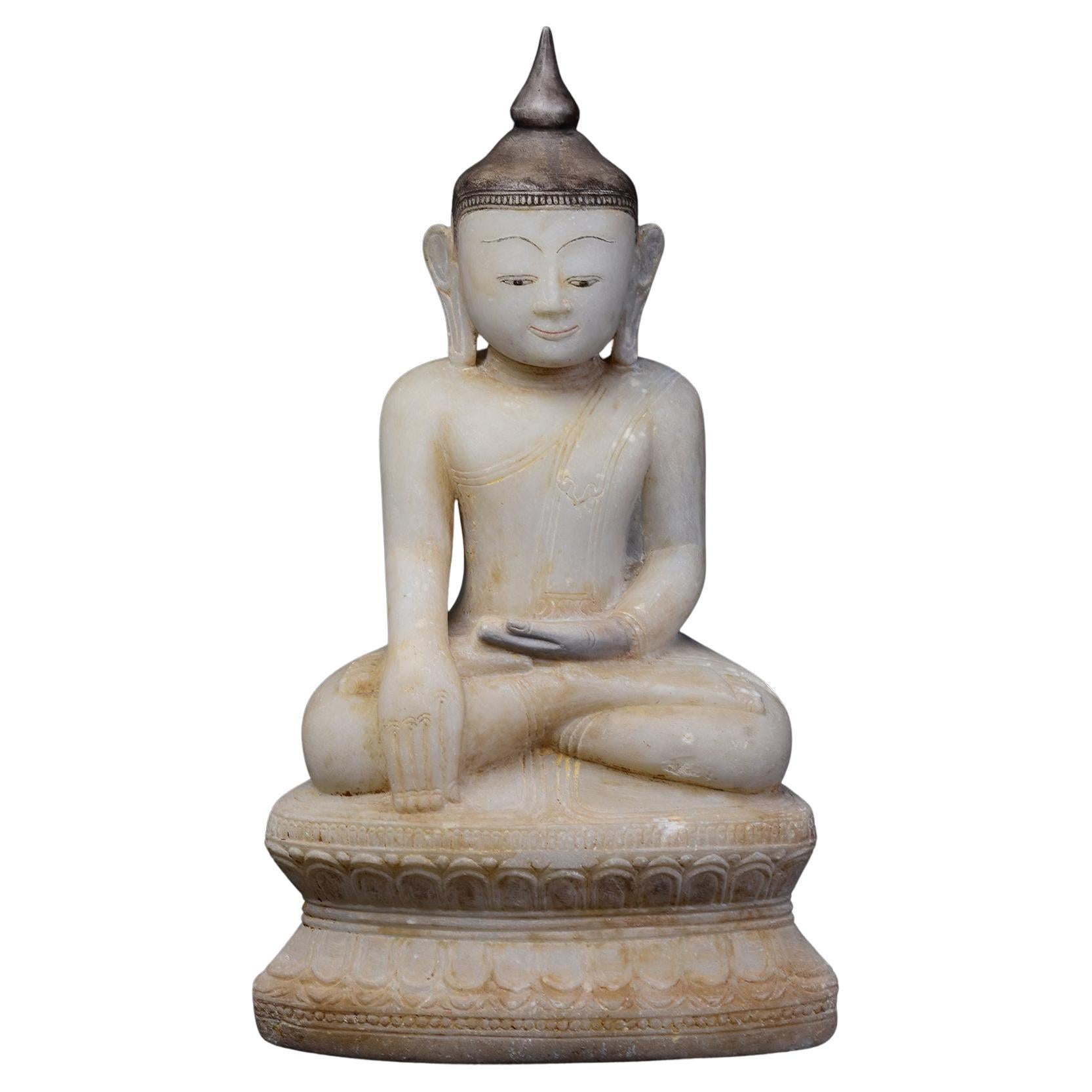 18th C., Shan, Antique Burmese Alabaster Seated Buddha on Double Lotus Base For Sale