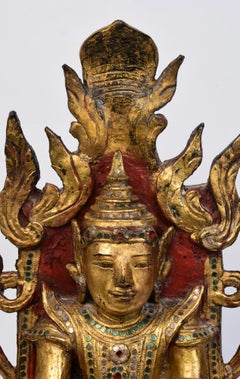 18th C., Shan, Antique Burmese Lacquered Seated Crowned Buddha on the Throne