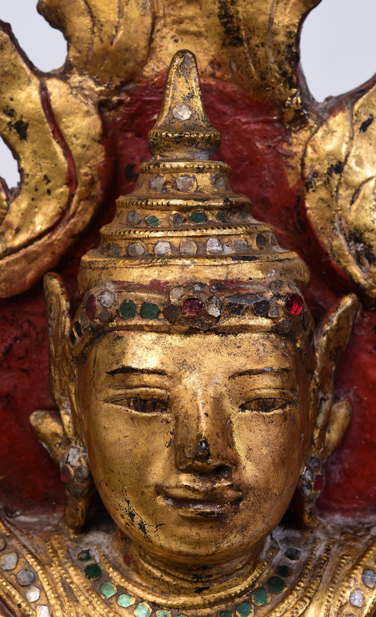Gilt 18th C., Shan, Antique Burmese Lacquered Seated Crowned Buddha on the Throne For Sale