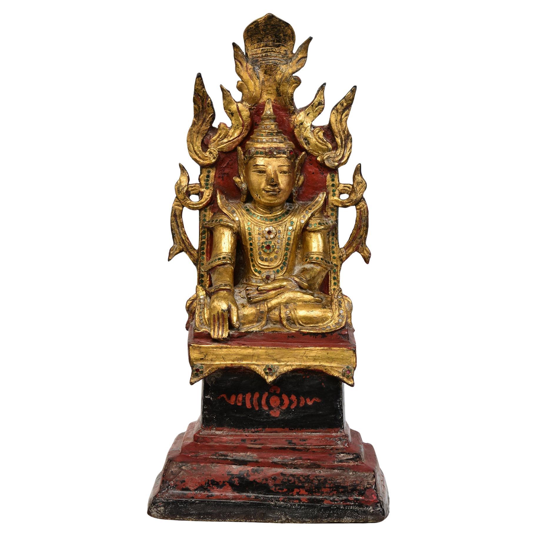 18th C., Shan, Antique Burmese Lacquered Seated Crowned Buddha on the Throne For Sale