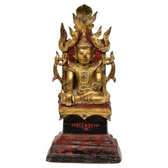18th C., Shan, Antique Burmese Lacquered Seated Crowned Buddha on the Throne