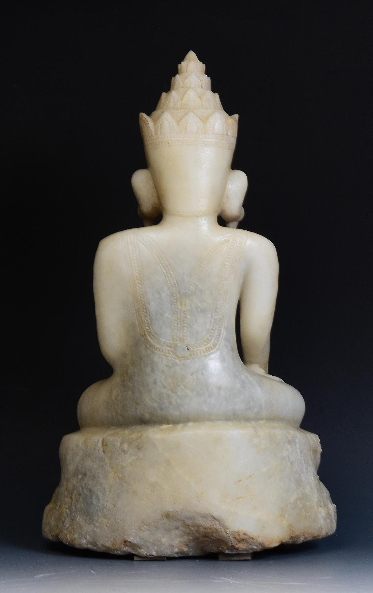 18th C., Shan, Rare Antique Burmese Alabaster Marble Seated King Buddha Statue 5
