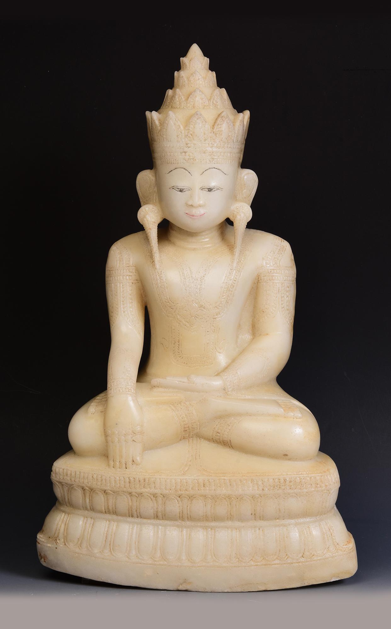 18th C., Shan, Rare Antique Burmese Alabaster Marble Seated King Buddha Statue 9
