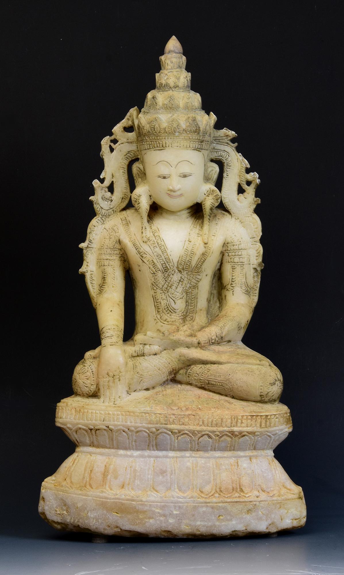 18th C., Shan, Rare Antique Burmese Alabaster Marble Seated King Buddha Statue For Sale 13