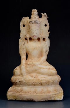 18th C., Shan, Rare Antique Burmese Alabaster Marble Seated King Buddha Statue